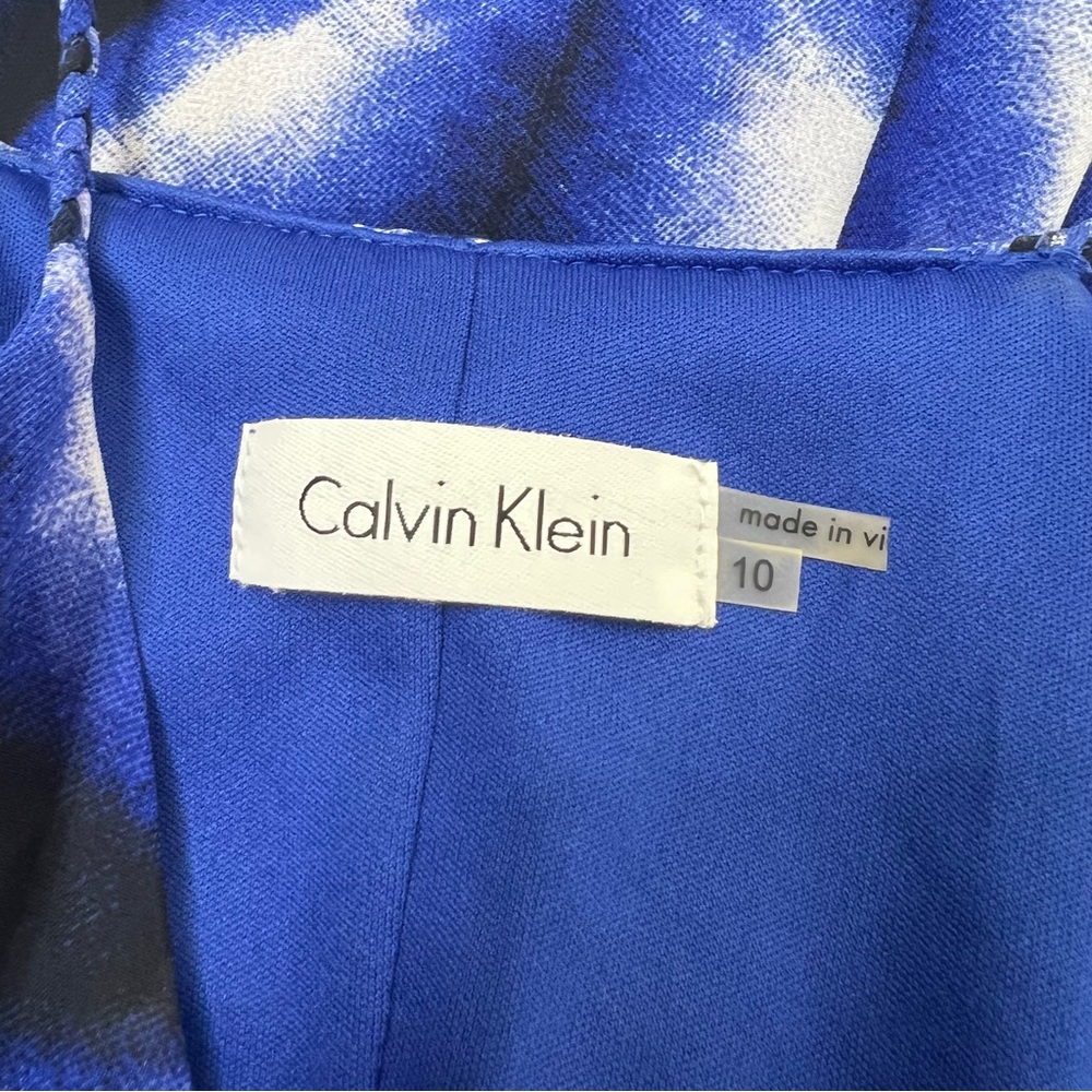 Calvin Klein Blue Chiffon Sleeveless V-Neck Flowy Asymmetric Trapeze Dress - Picture 9 of 12
